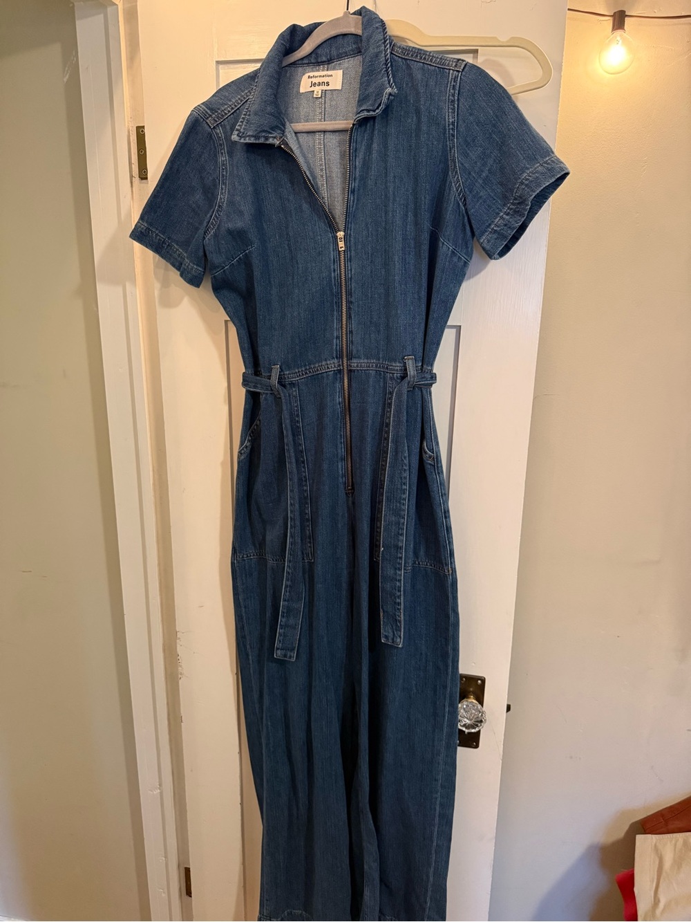 Denim Zip-Front Midi Dress with Tie Belt - Blue CASSIDY